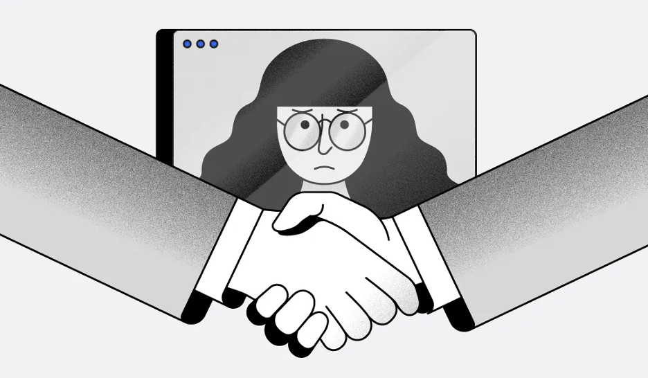 cartoon drawing of handshake in front of woman on screen